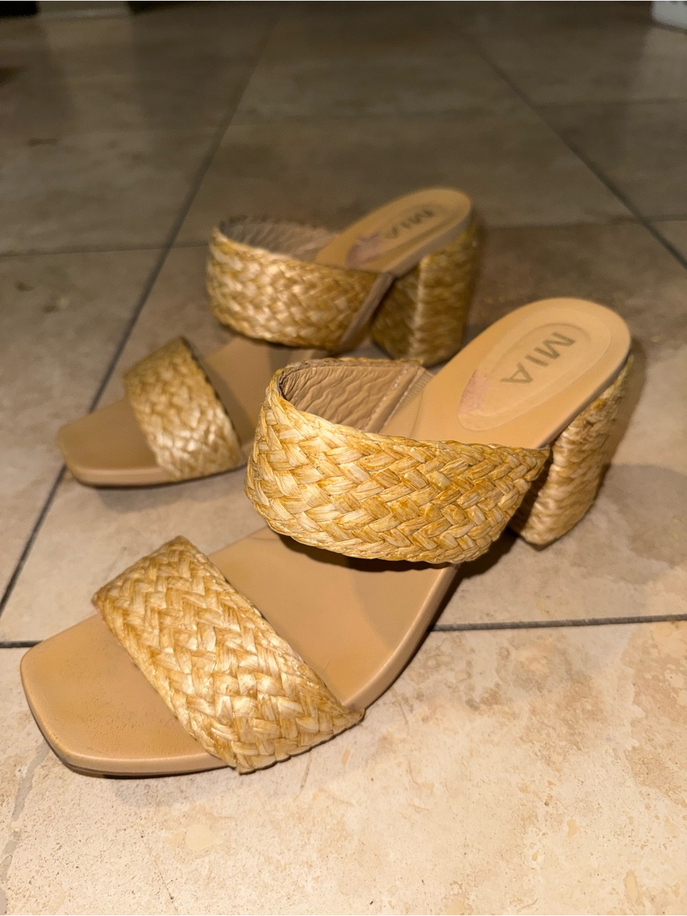 MIA Natural Woven Two-Band Block Heel Sandals